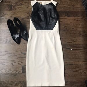 Cream Ribbed Pencil Dress With Faux Leather Panel